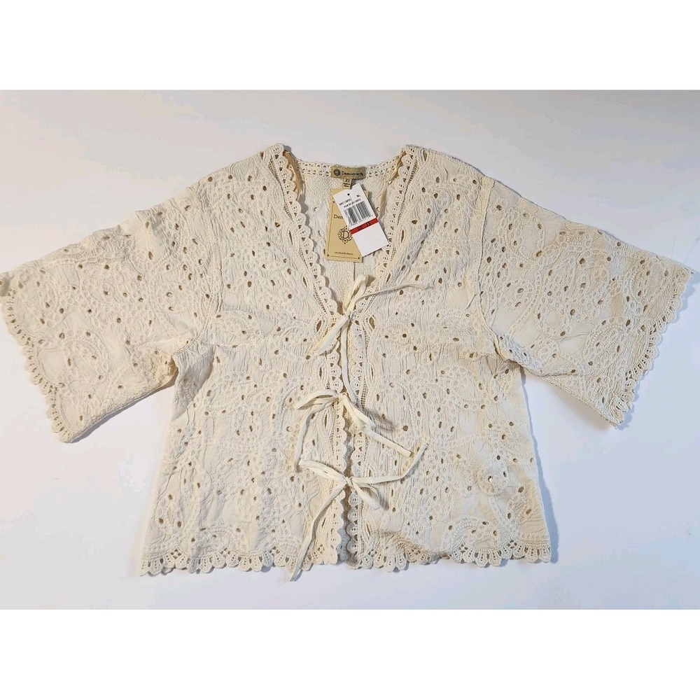 NWT Democracy XS Cream Lace Eyelet Tie Front Top Cottagecore 100% Cotton Boho